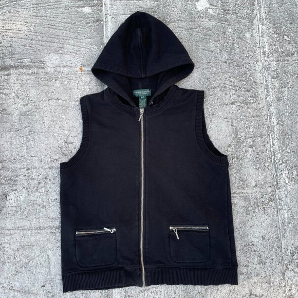 Ralph Lauren Petite Women Vest Black Cotton Hooded Zip Up Vest Size PS - Picture 2 of 11